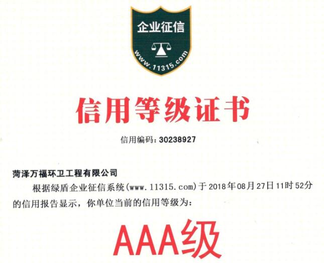 AAA信用等級證書
